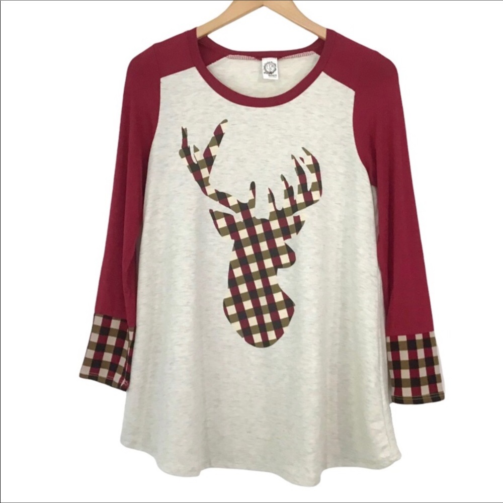 Sun & Moon Long Sleeves Top Size S Plaid Buck Deer Long Length Made In USA